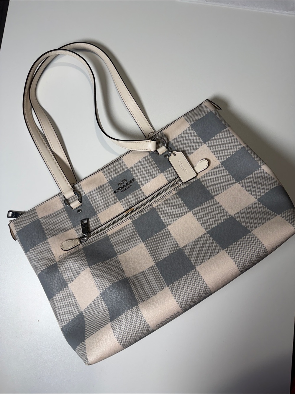 Coach Checkered Tote in Pink and Gray